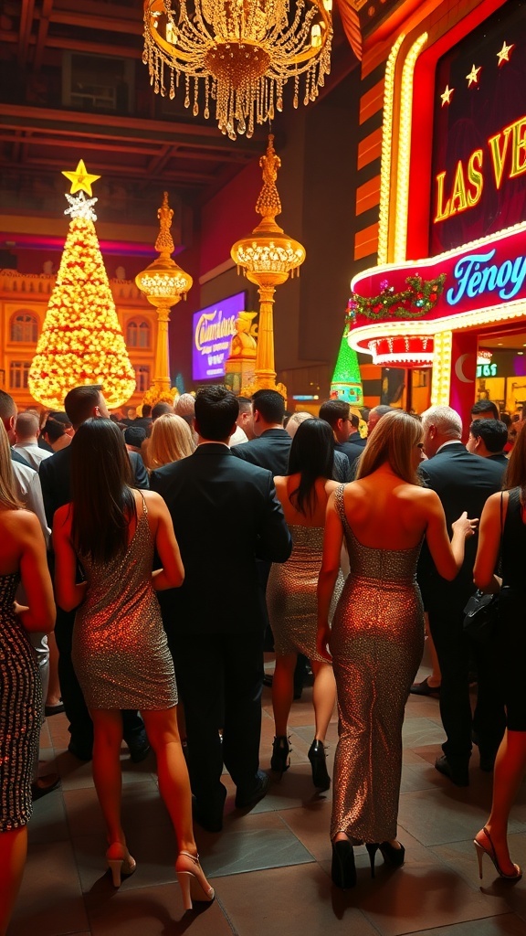 Stylish party-goers in festive outfits at a Christmas in Vegas theme party.
